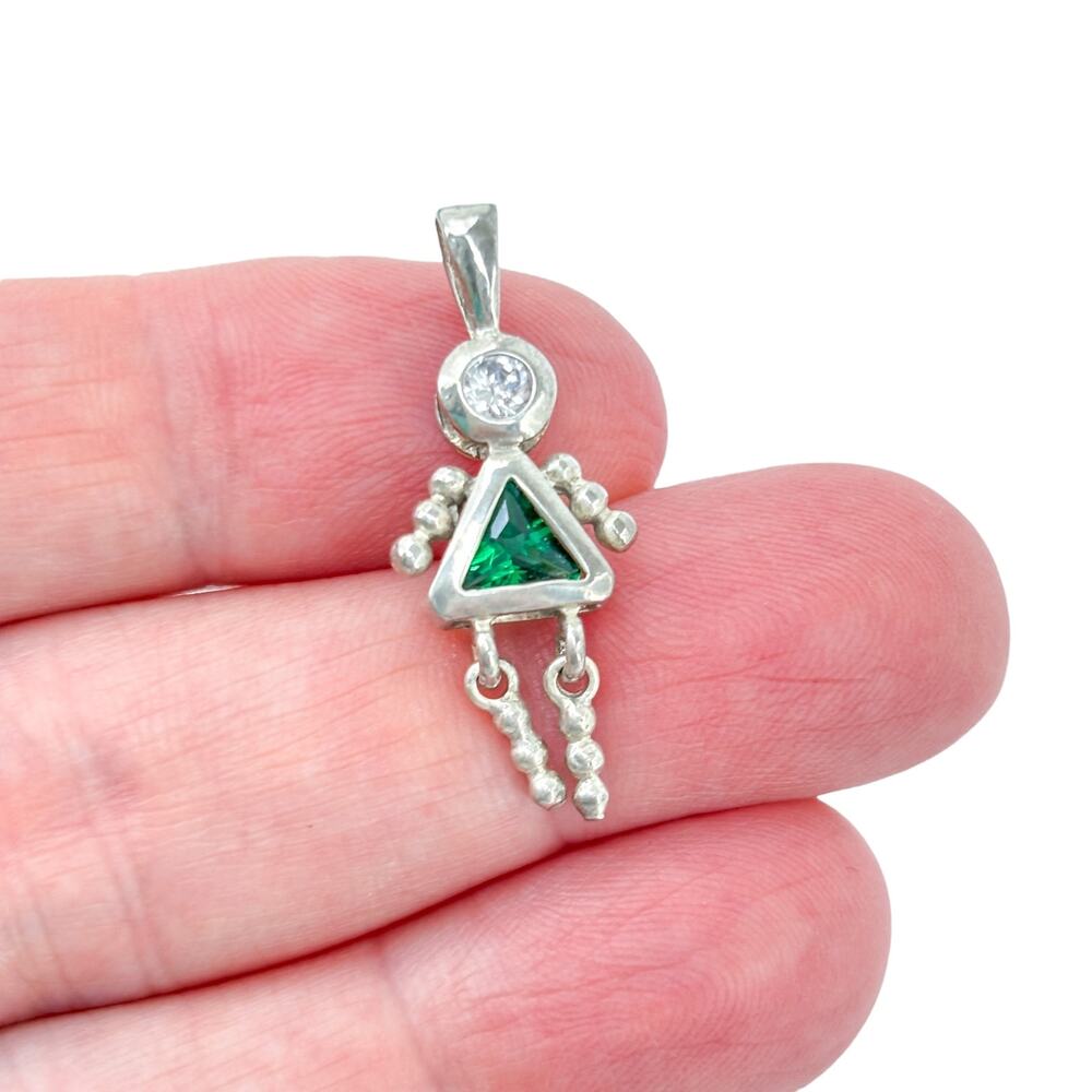Vintage Sterling Silver 925 Green Cubic Zirconia Girl Charm Articulating Pendant